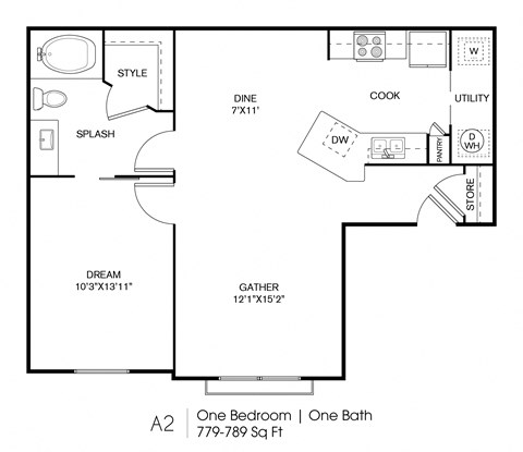 Floor plan for 1 bed, 1 bath, 779 sqft